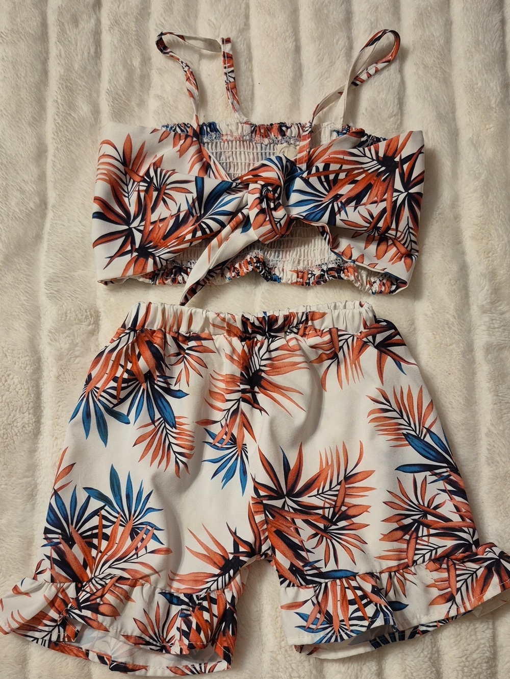 SHEIN White Tropical Print Girls Matching Set with Orange & Blue Leaves